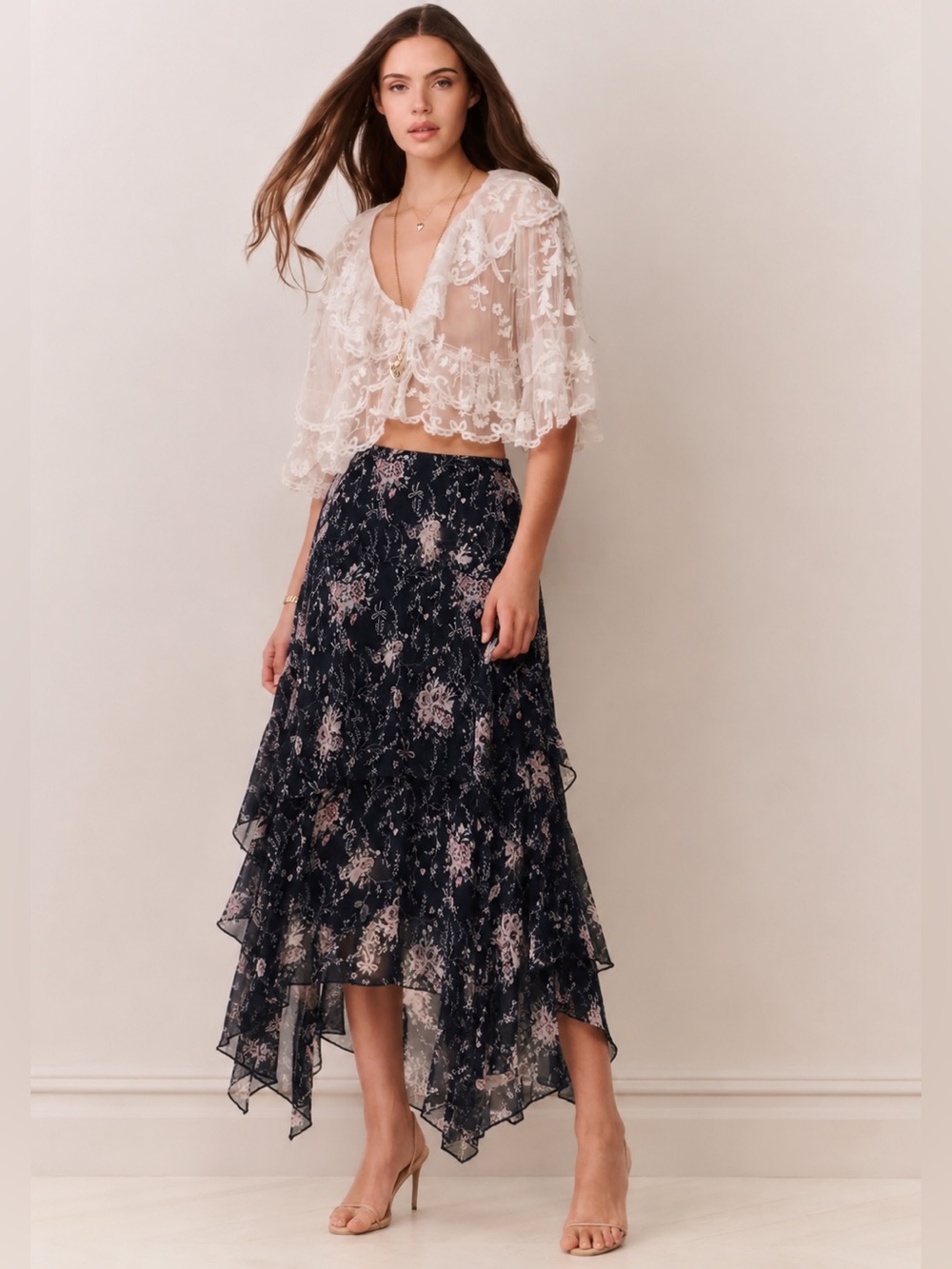 LoveShackFancy Alex Blue Floral Silk Asymmetrical Maxi Skirt size XS Navy Pink